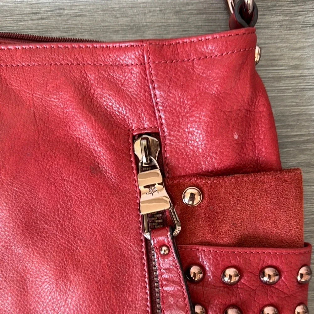 B. Makowsky Red Leather and Rose Gold Studded Bag